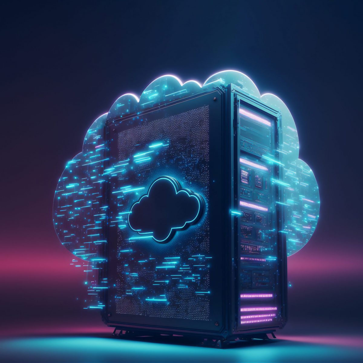 Online cloud data storage rack concept. Cloudscape digital online server for global network business. Web database backup computer private infrastructure technology